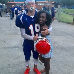 Blue and white striped strapless romper